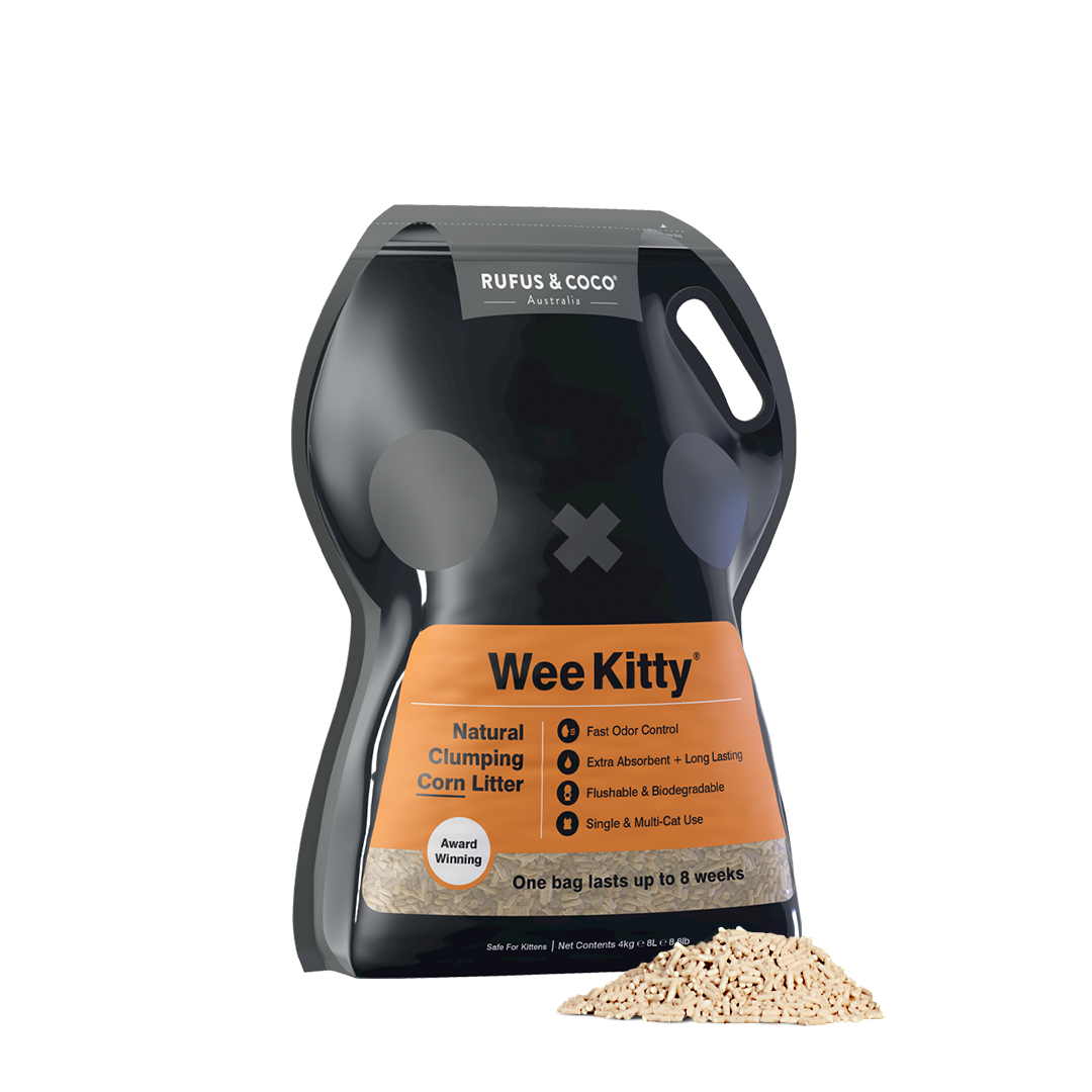 Introducing Wee Kitty - our revolutionary Corn Clumping Cat Litter. This natural cat litter really does it all: Made from biodegradable corn with clumping technology: this litter is flushable, absorbs a whopping 4 times its weight in liquid, and has incredible odor control. What more could you ask for!