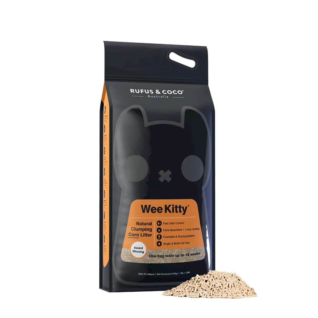 Introducing Wee Kitty - our revolutionary Corn Clumping Cat Litter. This natural cat litter really does it all: Made from biodegradable corn with clumping technology: this litter is flushable, absorbs a whopping 4 times its weight in liquid, and has incredible odor control. What more could you ask for!