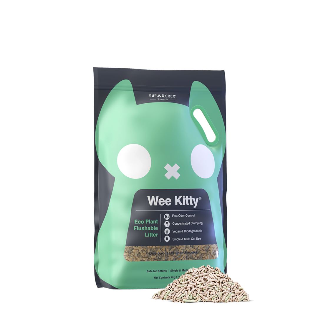 Introducing Wee Kitty - our revolutionary Corn Clumping Cat Litter. This natural cat litter really does it all: Made from biodegradable wheat and soy fibres with clumping technology: this litter is flushable, absorbs a whopping 4 times its weight in liquid, and has incredible odor control. What more could you ask for!