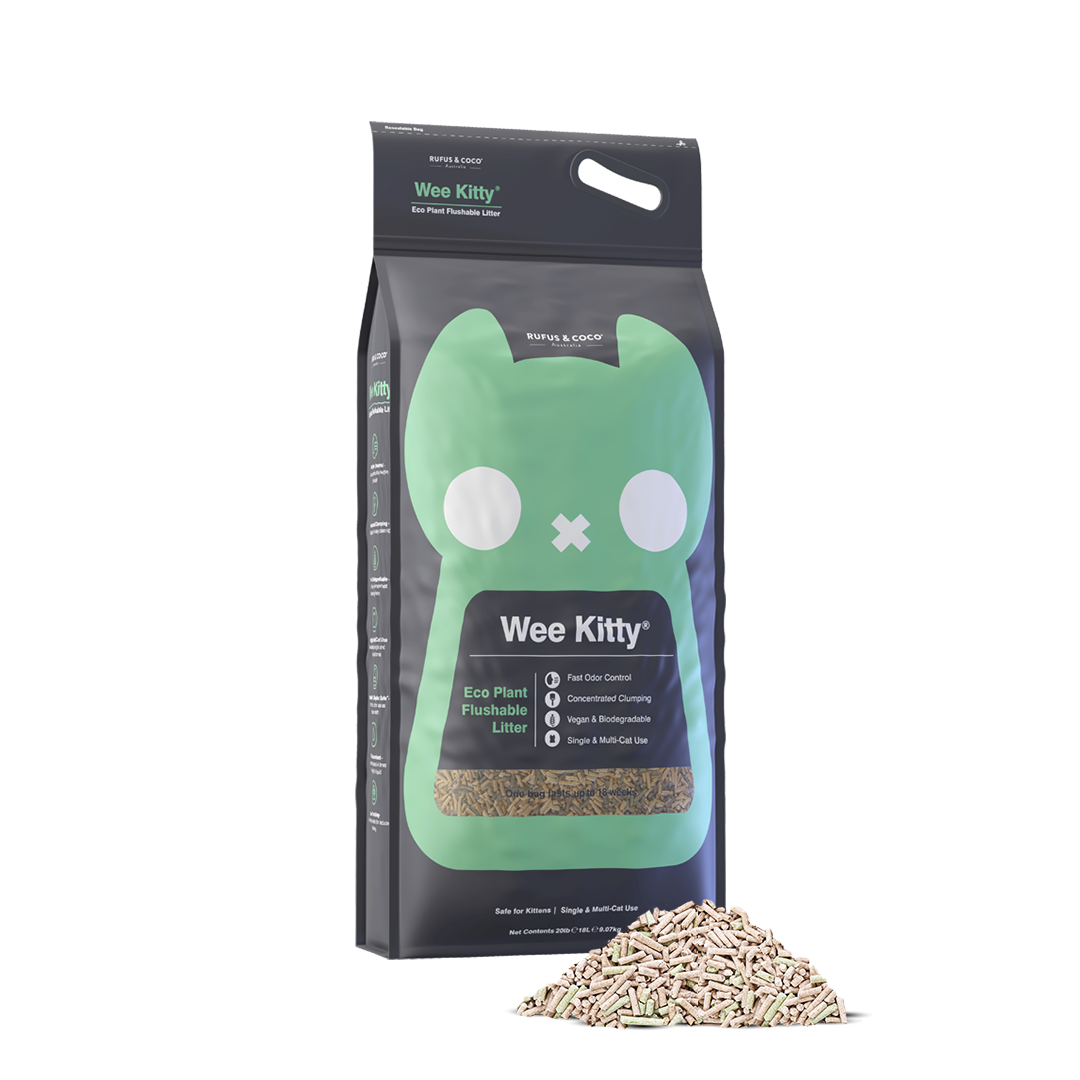 Introducing Wee Kitty - our revolutionary Corn Clumping Cat Litter. This natural cat litter really does it all: Made from biodegradable wheat and soy fibres with clumping technology: this litter is flushable, absorbs a whopping 4 times its weight in liquid, and has incredible odor control. What more could you ask for!